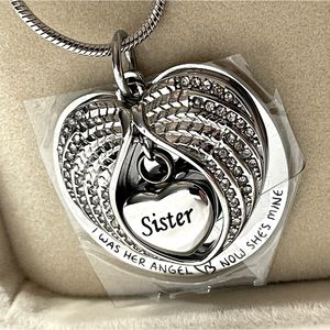 Silver Sister heart urn necklace angel wings NEW!